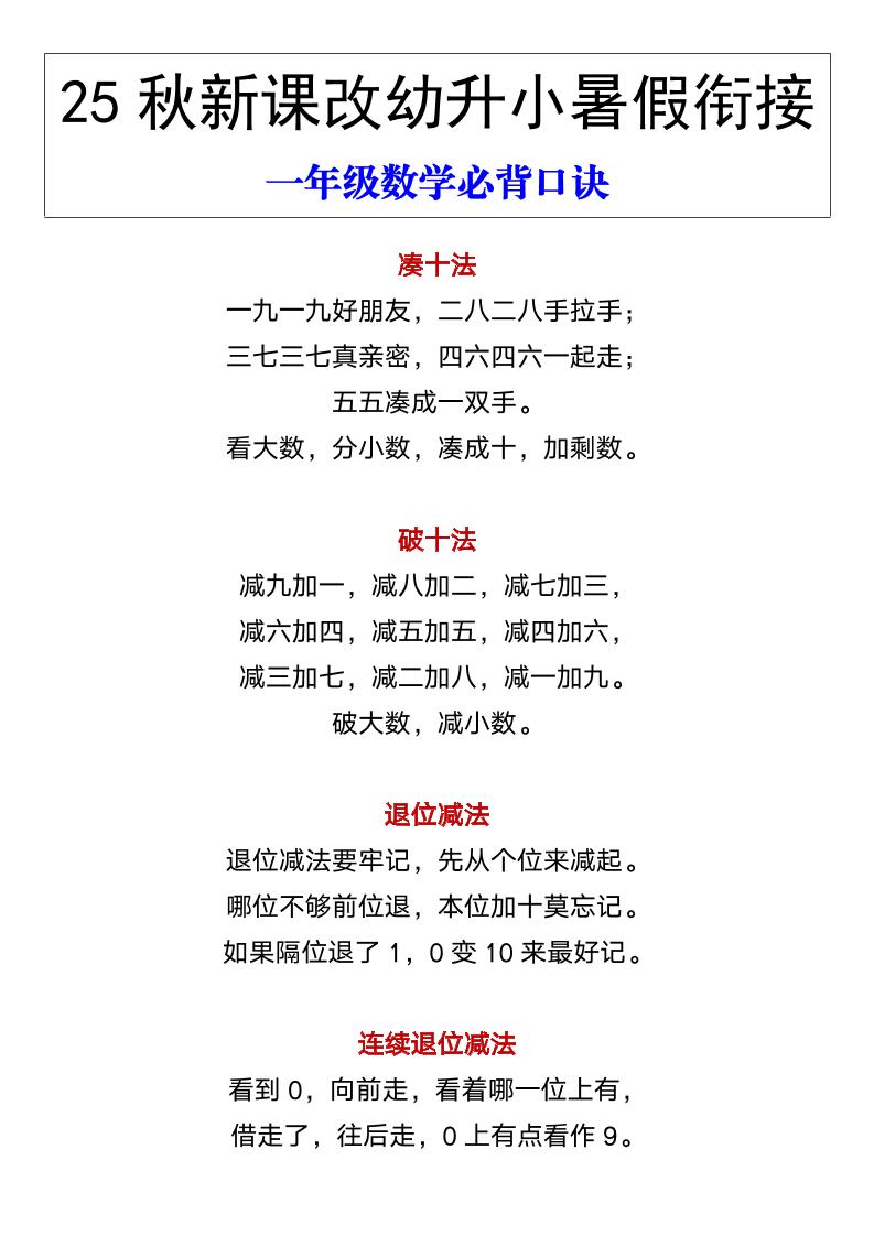 【2025秋新版】幼升小暑假衔接一年级数学必背口诀-一年级上册数学