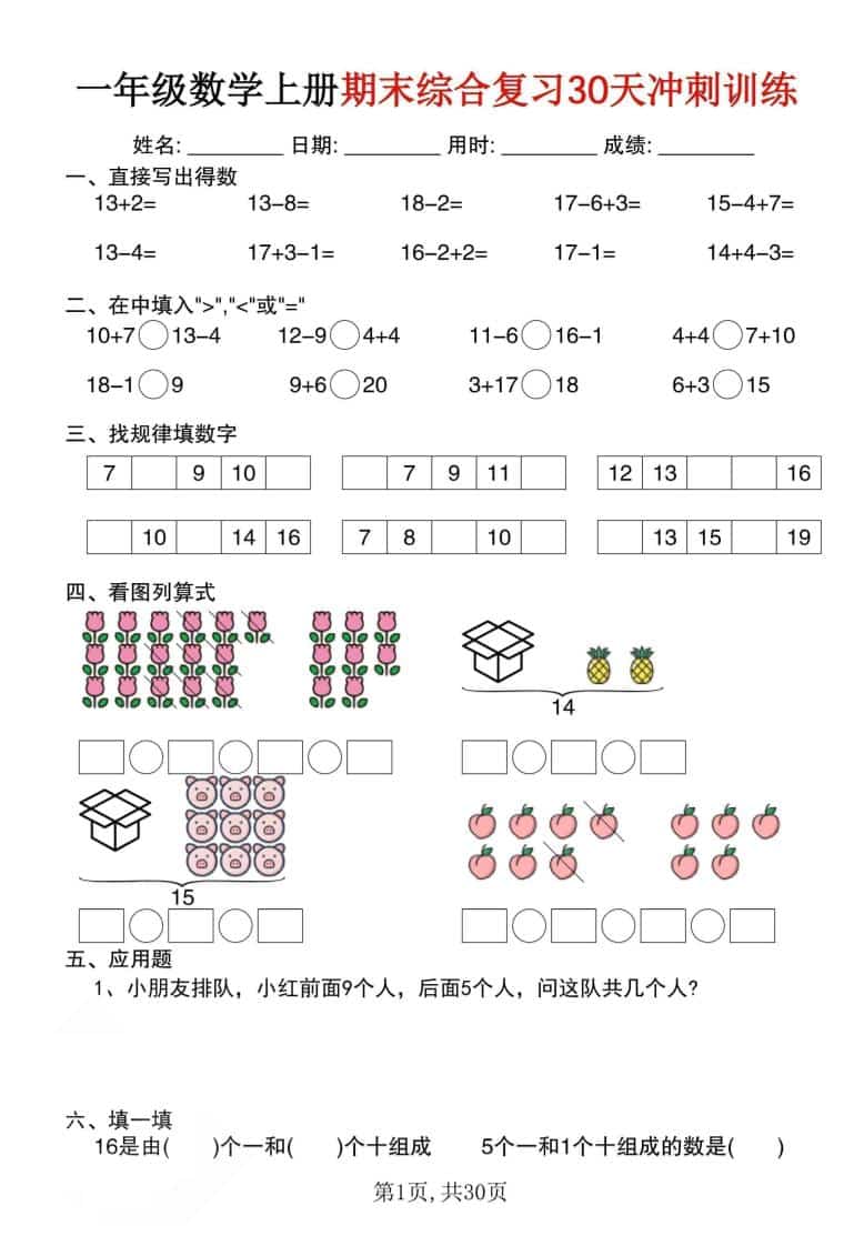 一年级上数学期末综合复习30天冲刺训练（30页）