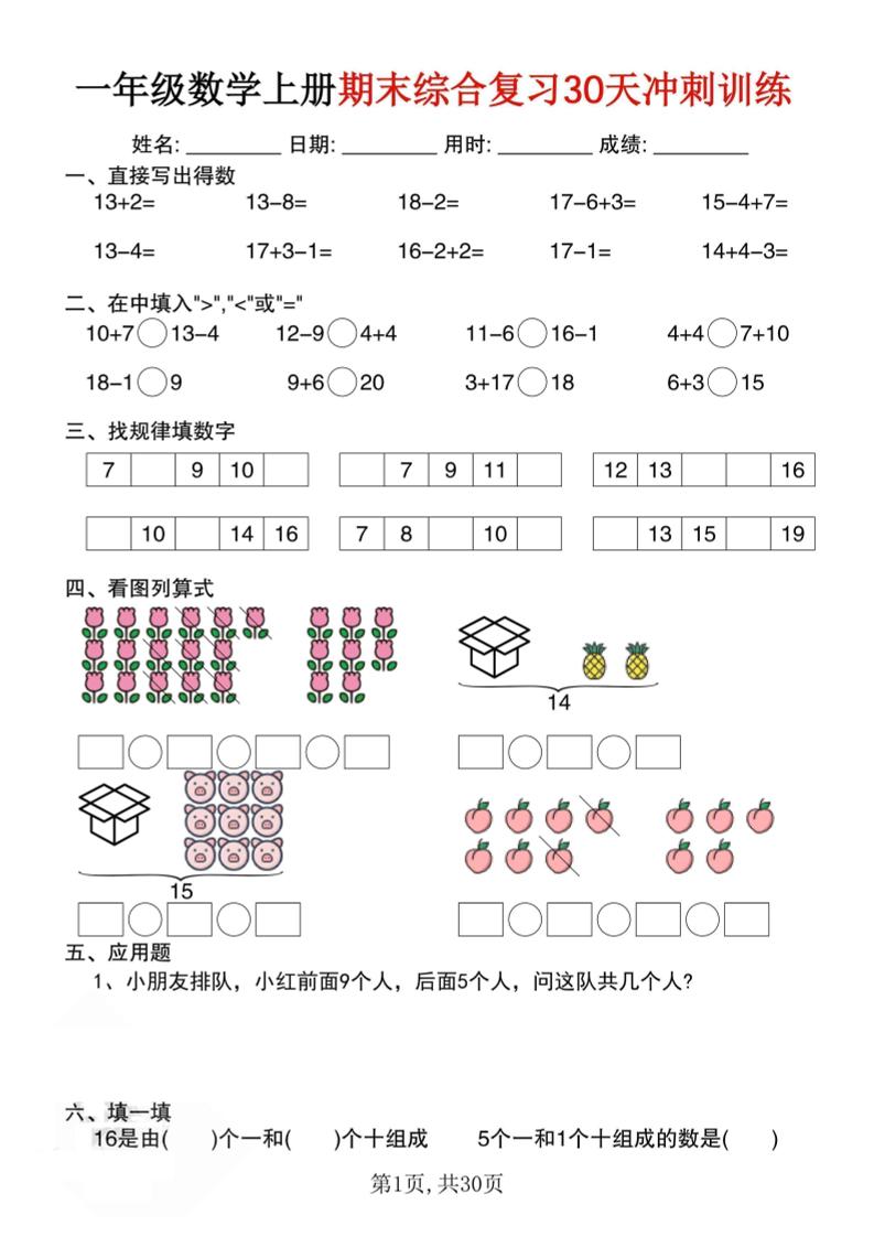 一年级上册数学期末综合复习30天冲刺训练（30页）
