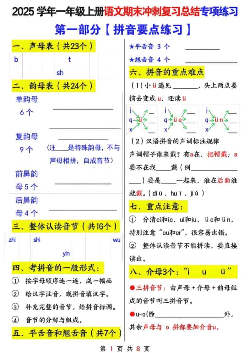 25年一年级上册语文期末冲刺复习总结专项练习六大部分（8页）