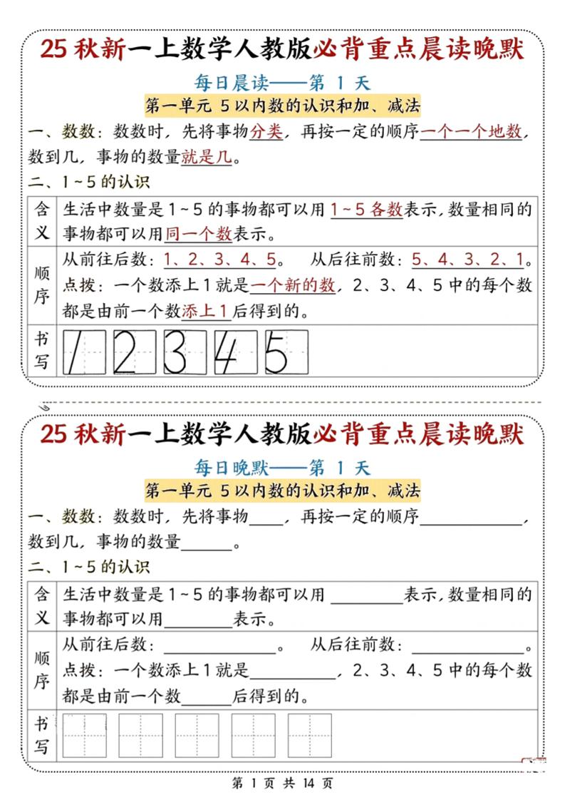 25秋新一年级上册数学必背重点晨读晚默（人教版14页）