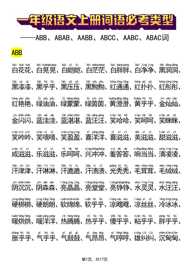 新一年级上册语文词语必考类型(ABB、ABAB、AABB、ABCC、AABC、ABAC、ABCB类词语)17页